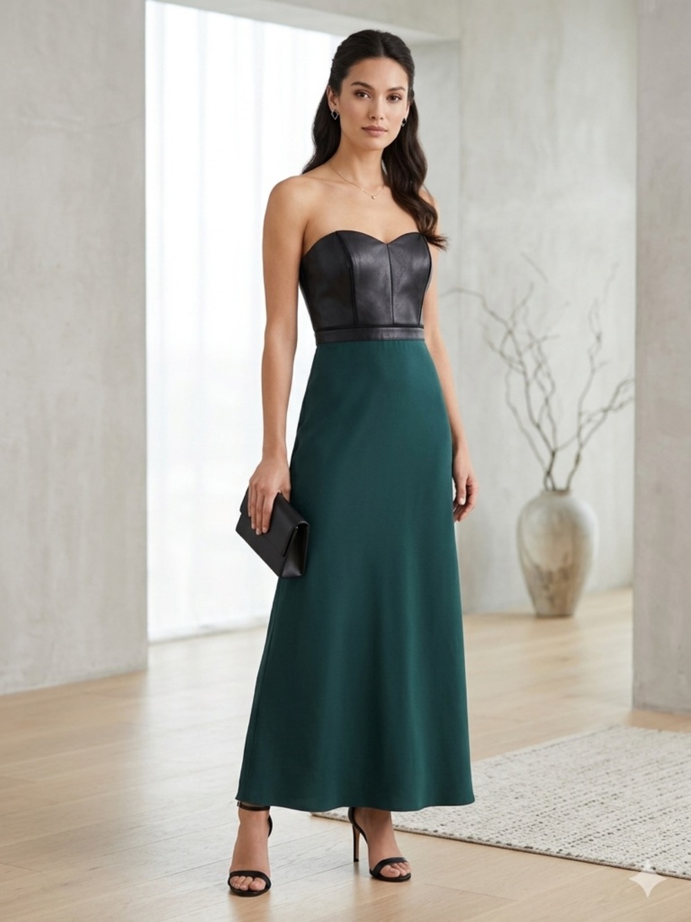 Aidan Mattox Leather Bodice Maxi Gown in Emerald Green & Black Sheepskin size 6